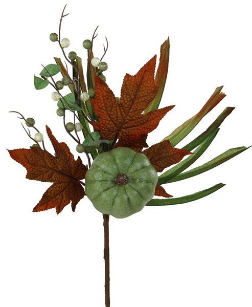 15" Pumpkin/Berry/Leaf/Grass Pick: Green - HA156535 - The Wreath Shop