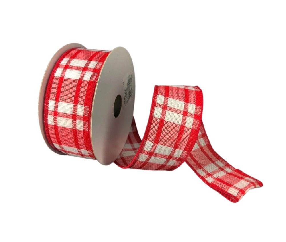 1.5" Red/ White Woven Plaid Ribbon - 10yds - 71095-09-12 - The Wreath Shop
