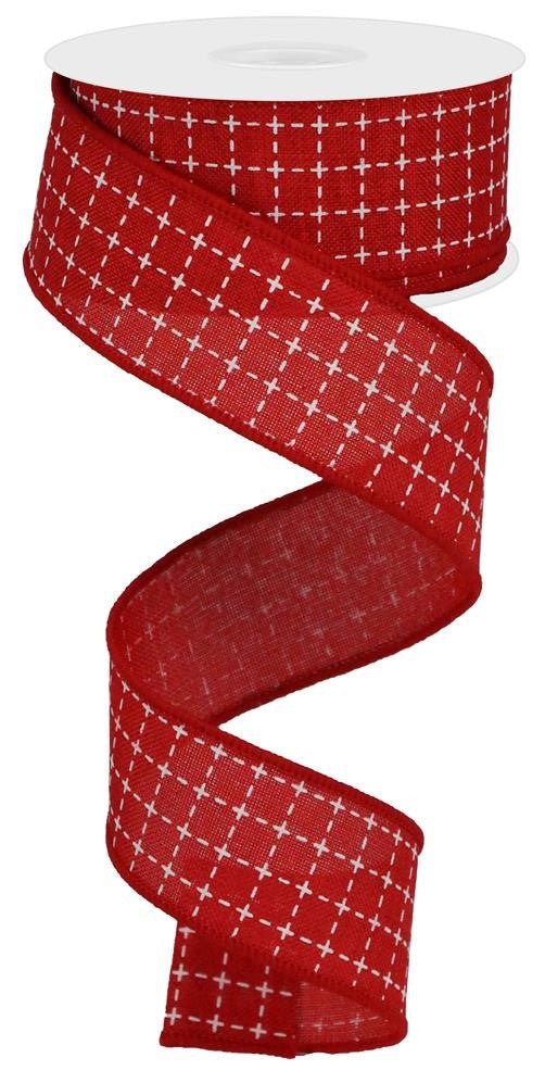 1.5" Red/White Stitched Square Ribbon - 10yds - RG0167724 - The Wreath Shop