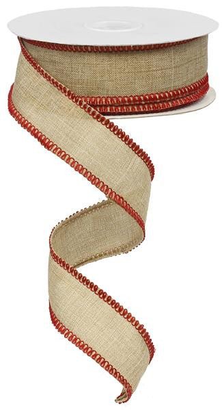 1.5" Rough Stitch Edge Ribbon: Natural/Red - 10yds - RG0110830 - The Wreath Shop
