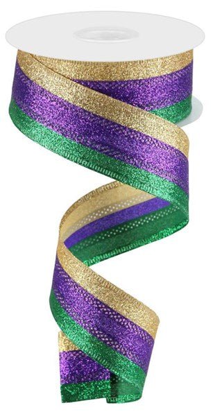 1.5" Shimmer Glitter Mardi Gras Tri-Stripe Ribbon - 10yds - RGA8219YN - The Wreath Shop