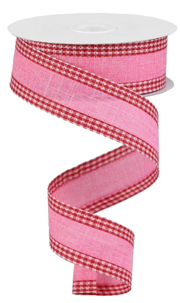 1.5" Solid Linen Gingham Edge Ribbon: Pink/Red/Wht - RGA1098T2 - The Wreath Shop