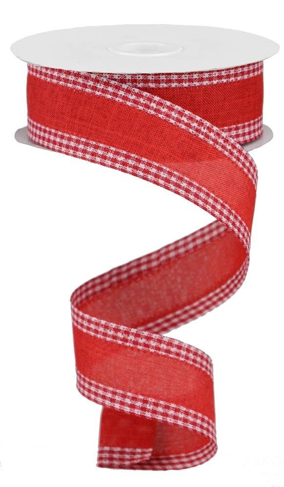 1.5" Solid Linen Gingham Edge Ribbon: Red/Wht - RGA1098F3 - The Wreath Shop