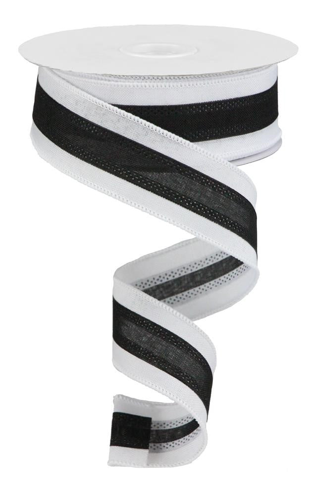 1.5" Tri-Stripe Ribbon: White/Black - RG01530WK - The Wreath Shop