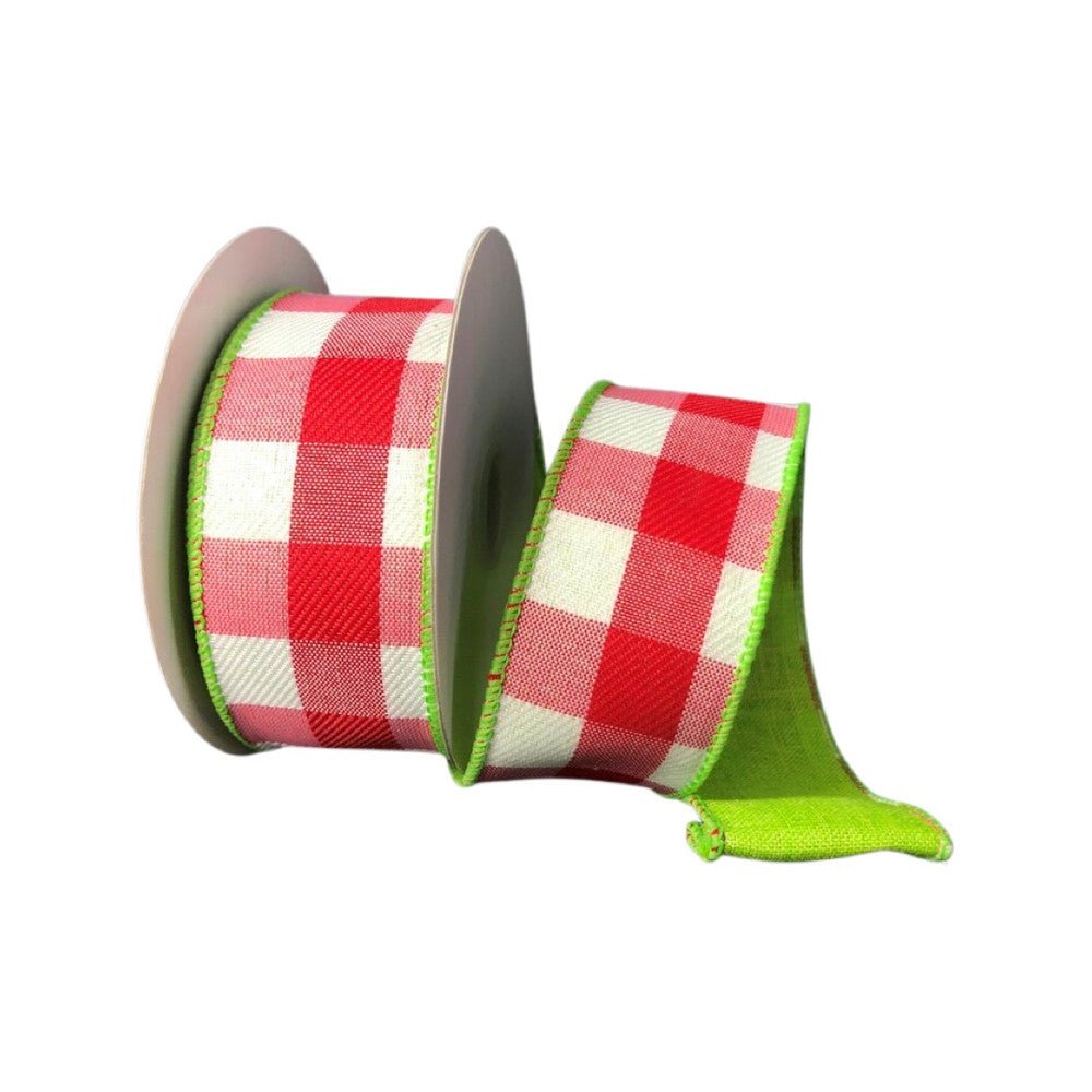 1.5" Two Sided Red/Wht Buff Plaid/Lime Grn Ribbon - 10Yds - 41146-09-29 - The Wreath Shop