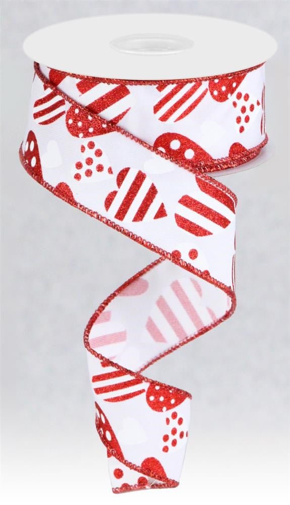 1.5" Valentine Pattern Hearts Ribbon: White/Red/Wht - 10yds - RGC183827 - The Wreath Shop
