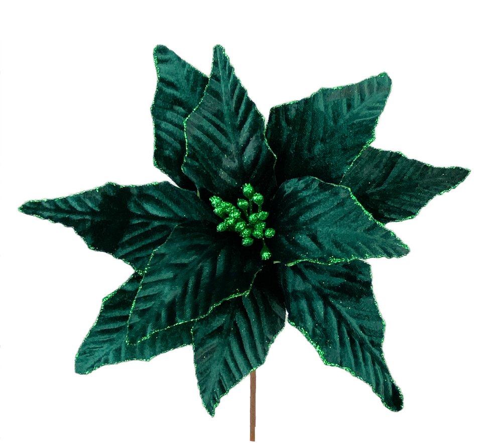 15" Velvet Glitter Poinsettia Stem: Dark Green - 85517DKGN - The Wreath Shop