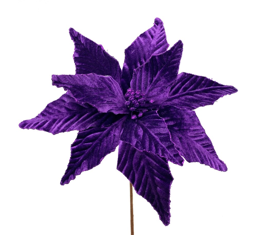 15" Velvet Glitter Poinsettia Stem: Dark Purple - 85517DKPU - The Wreath Shop
