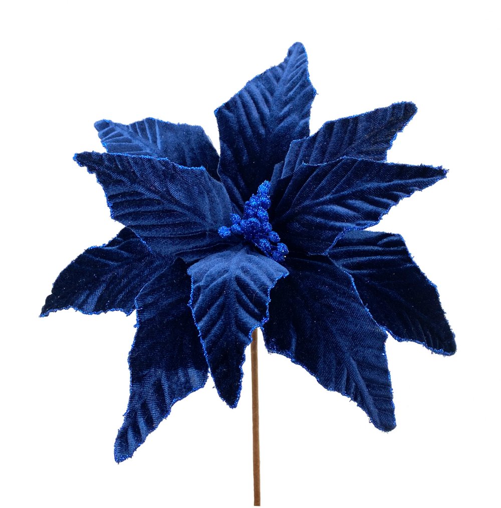 15" Velvet Glitter Poinsettia Stem: Navy Blue - 85517NVBL - The Wreath Shop