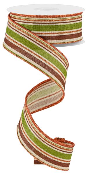 1.5" Vertical Stripe Ribbon: Lt Natural/Moss/Brown/Orange - 10yds - RGE182144 - The Wreath Shop