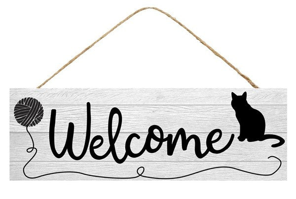 15" Welcome Sign with Cat/Yarn - AP802010 - The Wreath Shop