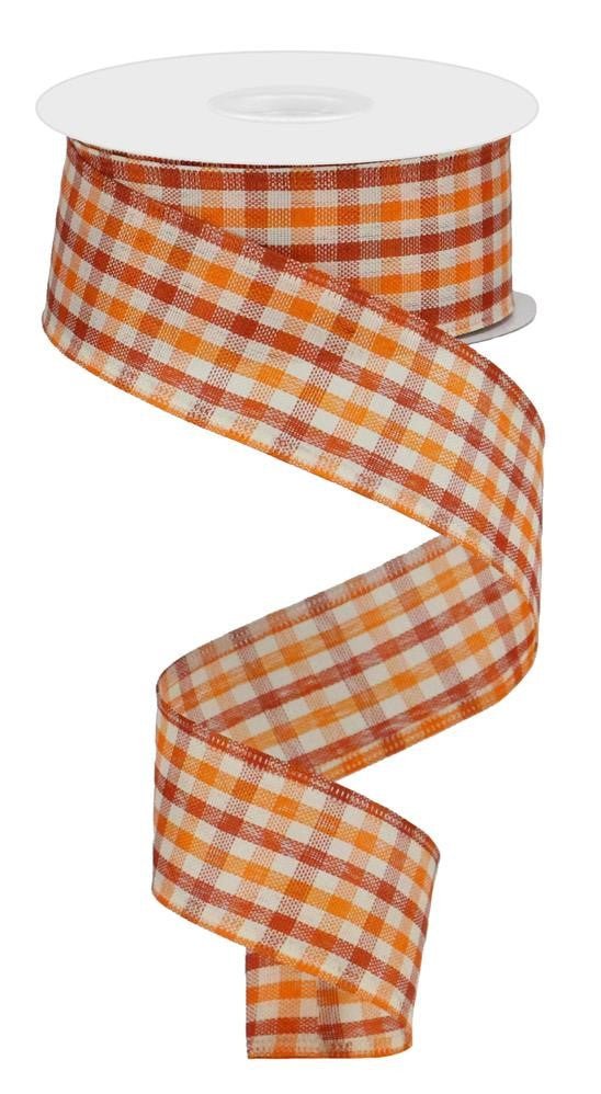 1.5" Woven Gingham Check Ribbon: Orng/Rust/Ivory 10Yds - RGA1102K7 - The Wreath Shop
