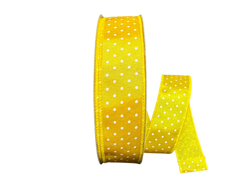 1.5" x 50yds Ribbed Satin w/ Micro Dot Ribbon: Yellow/White - 841-09-441 - The Wreath Shop