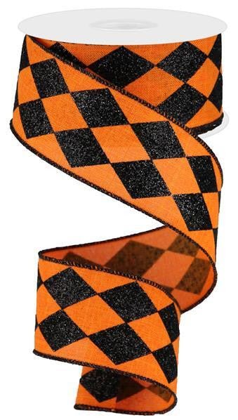 2" Glitter Harlequin Ribbon: Orange/Black - 10yds - RGA149920 - The Wreath Shop