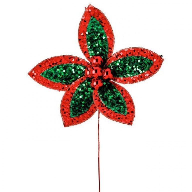 22" Red/Emerald Green Sequin Poinsettia Stem - MTX71996 - The Wreath Shop