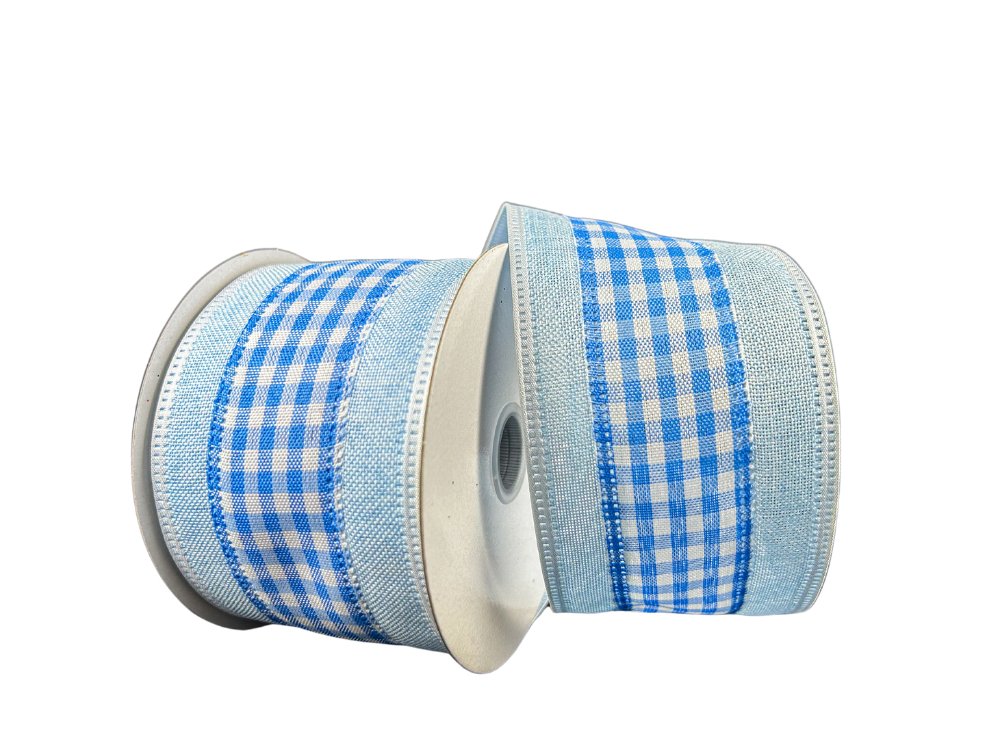 2.5" Blue/White Gingham with Lt Blue Border Ribbon - 10yds - 46417-40-04 - The Wreath Shop