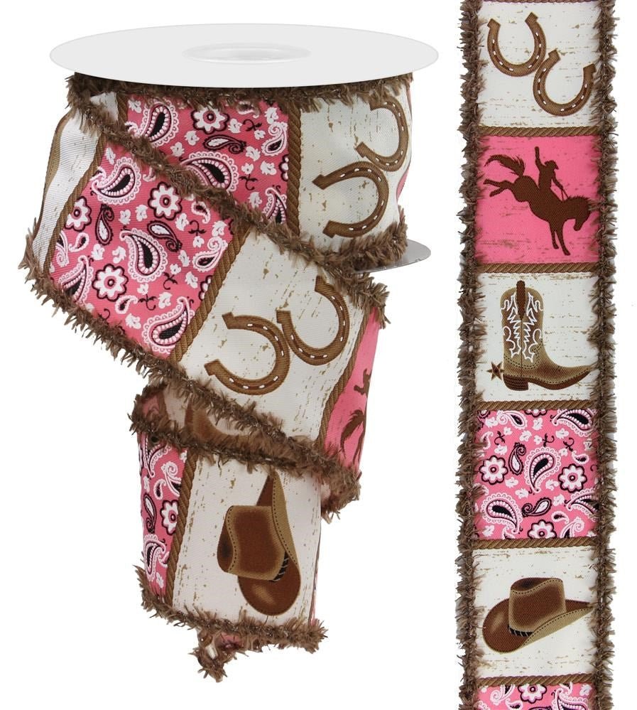 2.5" Cowboy Blocks Ribbon Drift Edge: Pink/Brwn/Ivory - 10Yds - RGA852330 - The Wreath Shop