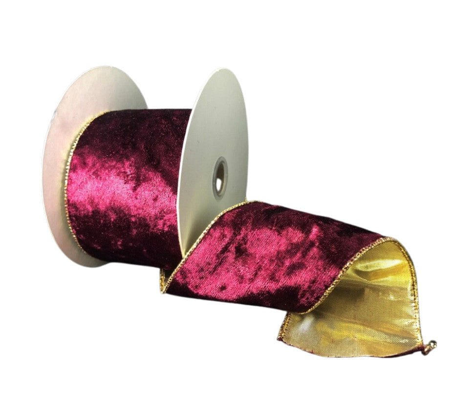 2.5" Crushed Velvet Ribbon: Burgundy/Gold - 10yds - X962340-10 - The Wreath Shop