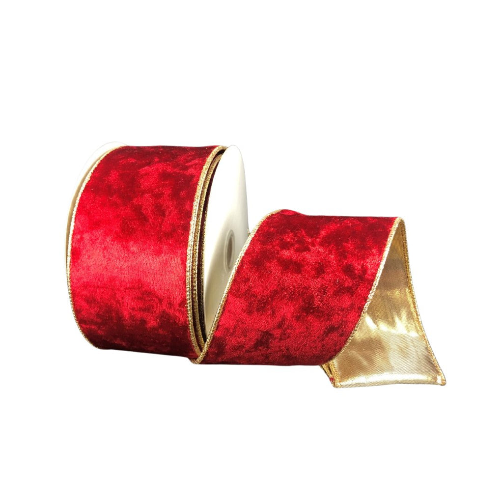 2.5" Crushed Velvet Ribbon: Red/Gold - 10yds - X962340-12 - The Wreath Shop