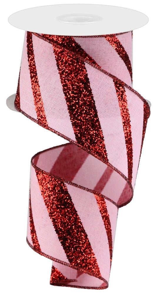 2.5" Diagonal Glitter Stripe Ribbon: Pink/Red - 10yds - RGA150315 - The Wreath Shop