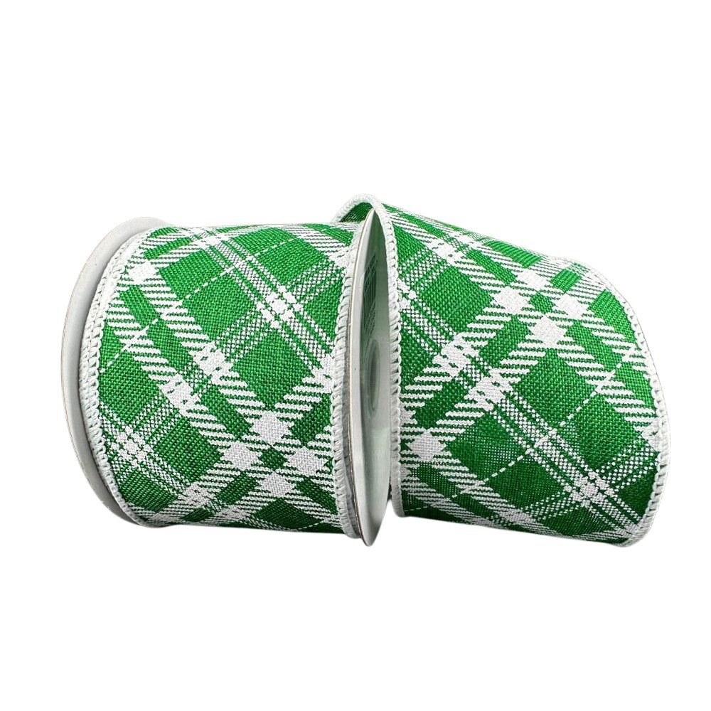 2.5" Diagonal Plaid Ribbon: Emerald Green/White - 10yds - 71325-40-17 - The Wreath Shop