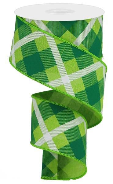 2.5" Diagonal Plaid Ribbon: Lime/Green/Wht - 10yds - RG01683JM - The Wreath Shop