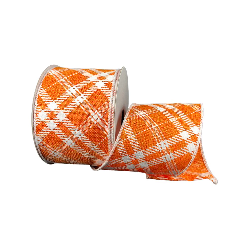 2.5" Diagonal Plaid Ribbon: Orange/White - 10yds - 41342-40-46 - The Wreath Shop