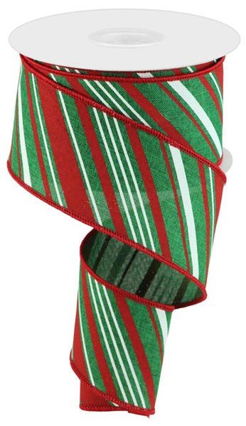 2.5" Diagonal Stripe Linen Ribbon: Emerald/Red/White - 10yds - RGC158506 - The Wreath Shop