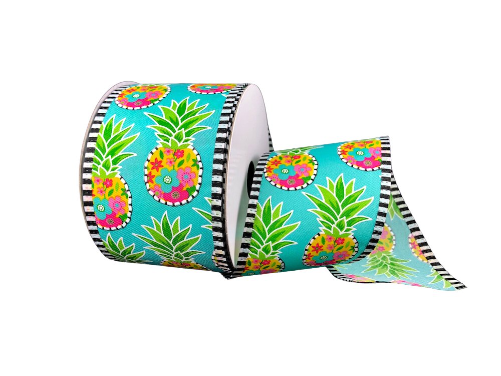 2.5" Floral Pineapple Print Ribbon: Turquoise - 10yds - 45344-40-49 - The Wreath Shop