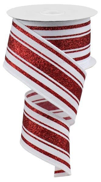 2.5" Glitter Farmhouse Stripe Ribbon: White/Red - 10yds - RGA114127 - The Wreath Shop