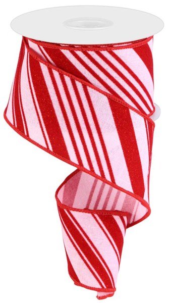 2.5" Glitter Velvet Diag Stripe Ribbon: Lt Pink/Red - RGC181315 - The Wreath Shop