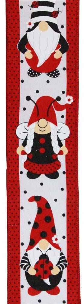 2.5" Gnome w/ Ladybugs Ribbon: White/Red - 10yds - RGE118427 - The Wreath Shop
