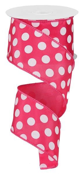2.5" Hot Pink and White Polka Dot Satin Ribbon Wired - 10Yds - RG158811 - The Wreath Shop