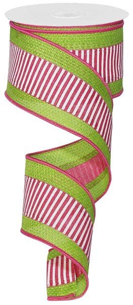 2.5" Hot Pink/White Stripe Ribbon w/ Lime Cross Burlap Borders - 10yds - RG8480AW - The Wreath Shop