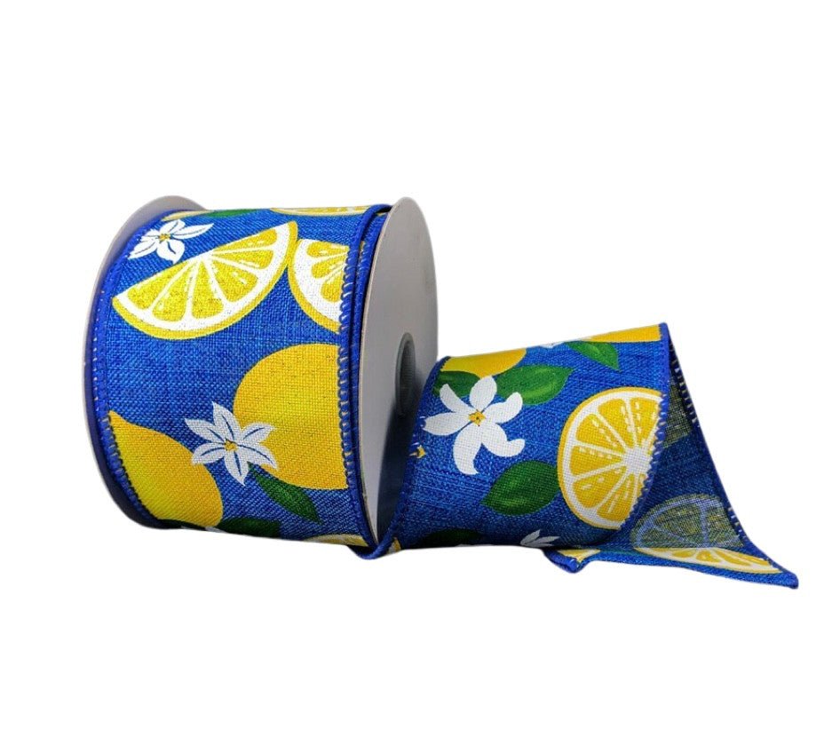 2.5" Lemon Ribbon on Royal Blue Linen - 10yds - 41237-40-25 - The Wreath Shop