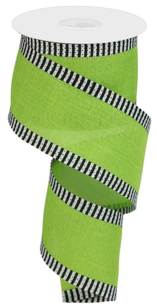 2.5" Lime Green Blk/Wht Stripe Edge Ribbon - 10yds - RG08856LT - The Wreath Shop