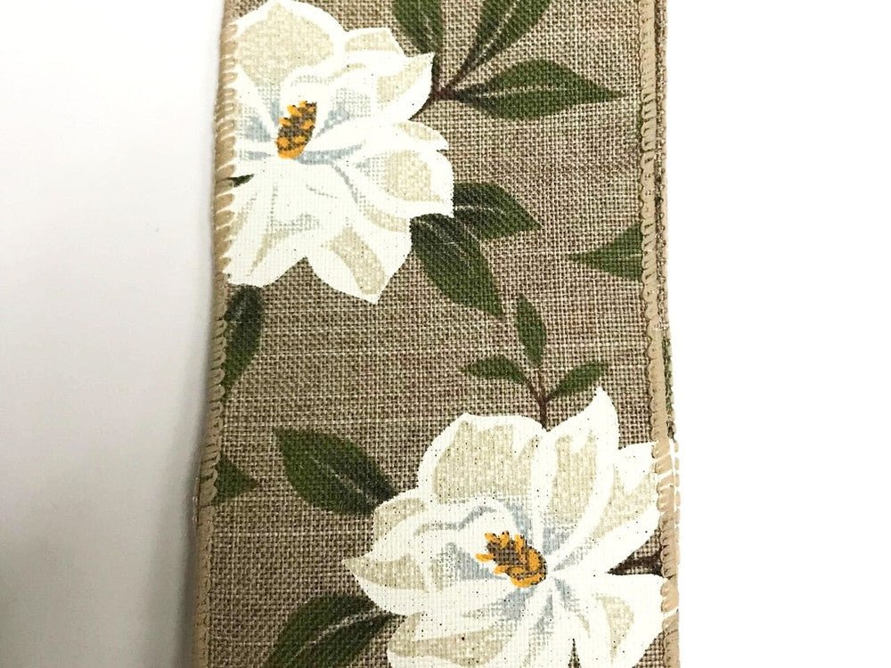 2.5" Linen Magnolia Print Ribbon (10 Yds) - X835740-15 - The Wreath Shop