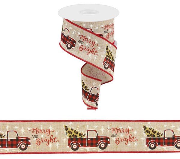 2.5" Merry Christmas Buffalo Check Truck w/ Leopard Tree Ribbon - 10yds - RGC1628JW - The Wreath Shop