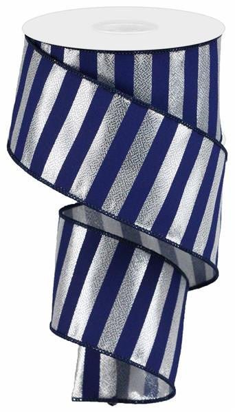 2.5" Metallic Horizontal Stripe Ribbon: Navy/Silver - RGA1070T1 - The Wreath Shop