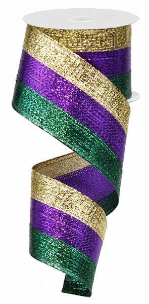 2.5" Metallic Mardi Gras Tri-Stripe Wired Ribbon - 10yds - RG01403YN - The Wreath Shop