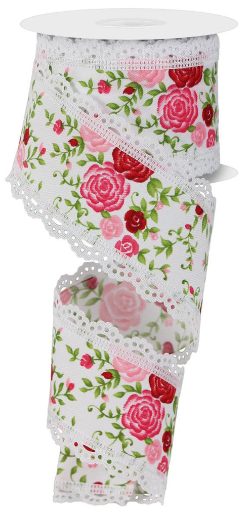 2.5" Mini Rose Ribbon w/ Lace Edge - 10yds - RGA859227 - The Wreath Shop