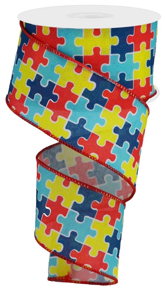 2.5" Multi Color Puzzle Ribbon Linen - 10yds - RGA1523W5 - The Wreath Shop