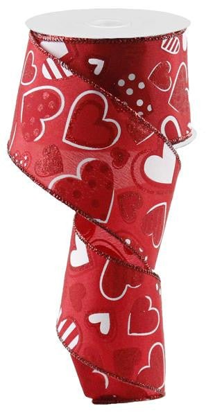 2.5" Patterned Hearts Ribbon: Red/Wht - 10yds - RG0163824 - The Wreath Shop