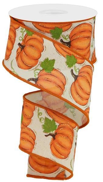 2.5" Pumpkin Patch Ribbon: Cream/Orange- 10yds - RGA147464 - The Wreath Shop