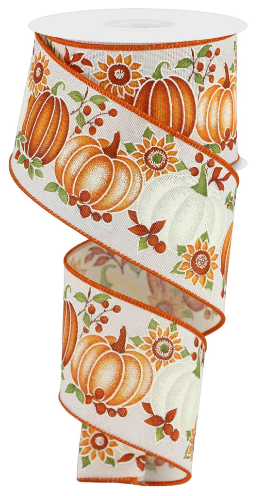 2.5" Pumpkin Sunflower Ribbon: Cream/Orange - 10yds - RGE1950C2 - The Wreath Shop