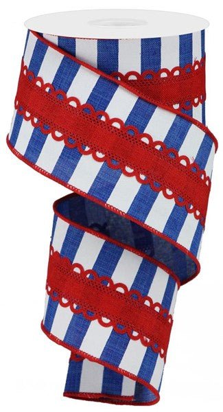 2.5" Red Lace on Royal Blue/White Stripes Ribbon - RG08091WR - The Wreath Shop