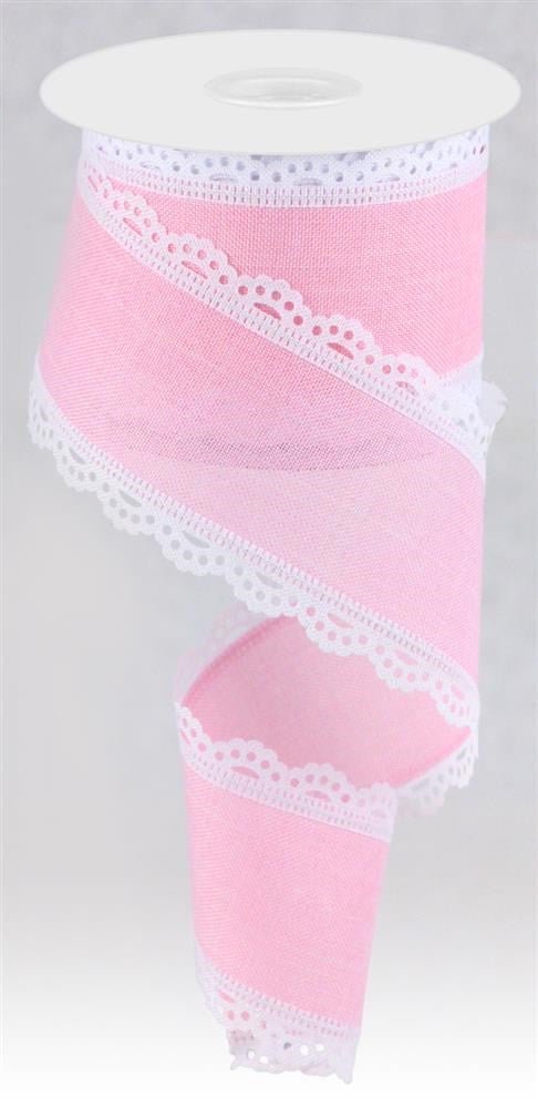 2.5" Scalloped Edge Linen Ribbon: Pink/White - RGA154215 - The Wreath Shop