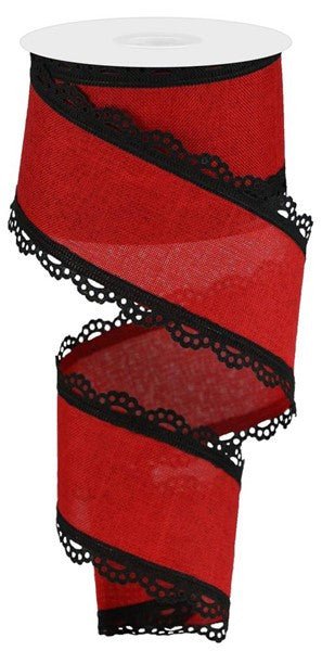 2.5" Scalloped Edge Linen Ribbon: Red/Black - RGA1542A9 - The Wreath Shop