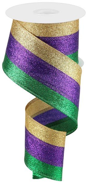 2.5" Shimmer Glitter Mardi Gras Tri-Stripe Ribbon - 10yds - RGA8220YN - The Wreath Shop