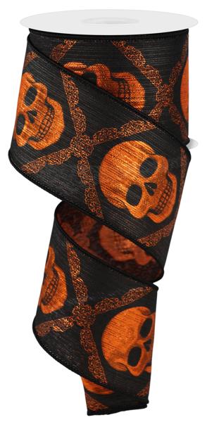 2.5" Skull Ribbon: Black/Metallic Orange - 10yds - RGE181220 - The Wreath Shop